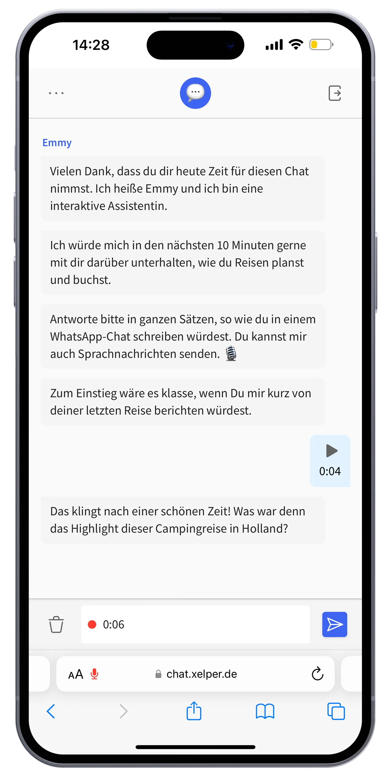 Messenger-Modus: Die Chat-Oberfläche bietet eine gewohnte Messenger-Erfahrung für tiefgehende Gespräche.